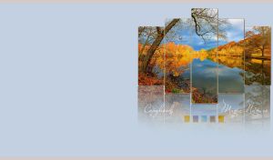 Autumn forest lake landscape on multi-panel canvas frames on a pastel blue wall