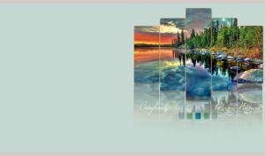 Evening lake shore landscape on multi-panel canvas frames on a pastel green wall