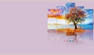 Blooming tree by the water on multi-panel canvas frames on a pastel purple wall