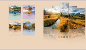 Valley canal at sunrise on multi-panel canvas frames on a pastel beige wall