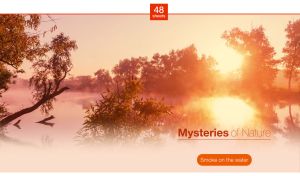 Sepia summer forest on the bank of a mysterious foggy river at dawn