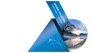 Mountain lake landscape in a round frame with a blue ribbon on white