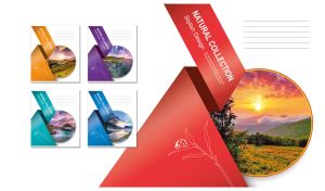 Mountain meadow landscape in a round frame with a red ribbon on white