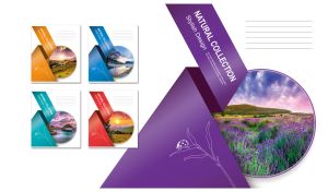 Lavender meadow landscape in a round frame with a violet ribbon on white