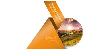 Mountain valley landscape in a round frame with an orange ribbon on white