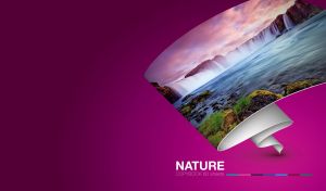 Magical waterfall on an unwound roll of wallpaper against a purple gradient