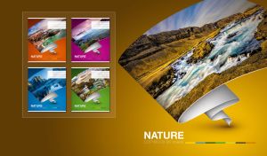 River flow on an unwound roll of wallpaper against a yellow-ocher gradient