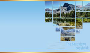 Mountain lake outside multi-pane window on a pastel blue wallpaper