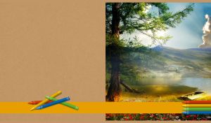 Boat by a lake with green hillsides and pastel sky on a kraft cardboard