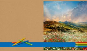 Red poppies and daisies with green hillsides and pastel sky on a kraft cardboard