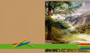 Giant tree by the lake with snowy mountains and pastel sky on a kraft cardboard