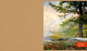 Giant tree and poppies by a lake with hills and pastel sky on a kraft cardboard