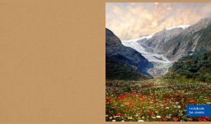 Valley of poppies in a gorge with hills and pastel sky on a kraft cardboard