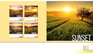 Yellow sunset haze over a green field against white and pastel yellow backdrop