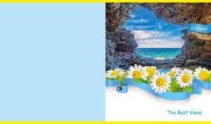 Ocean view from a beach cave on a pastel blue backdrop with a daisy footer