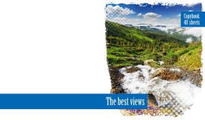 Mountain creek and green forest landscape with grunge edges on a white backdrop