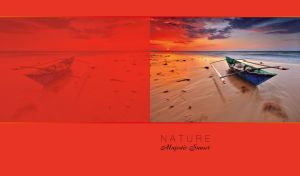 Majestic sunset on a fishing boat on a sandy beach on a red monochrome