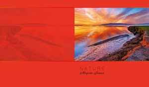 Majestic sunset on a steep lake shore on a red monochrome