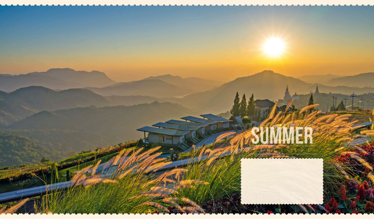 Summer landscape of a mountain resort in Thailand at a yellow-blue sunset