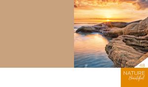A calm ocean meets the rocky shore at sunrise on a tan background