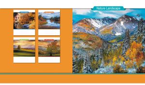 Autumn landscape of snow-capped mountains and fir forest on orange and white