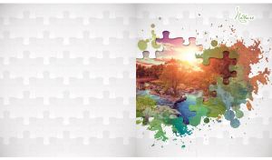 Sunrise over the trees by the river framed by a white puzzle pattern