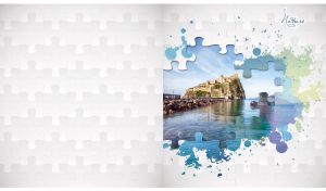 Aragonese Castle on the blue sea framed by a white puzzle pattern