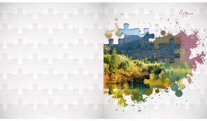 Autumn trees on the shore of a lake mountain framed by a white puzzle pattern