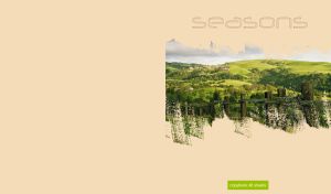 A scenic view of a village on the green summer hills on a vanilla beige backdrop