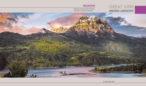 Amazing autumn view of a rocky mountain and green slopes by the water