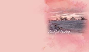 Beautiful landscape with a snowy meadow at twilight in a pastel pink vignette