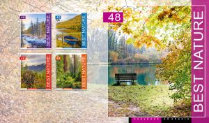 Bench by a teal lake in a green park on a faded pastel landscape