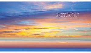 Sunset seascape with calm sea and orange-purple clouds in a blue sky