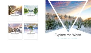 Young pines by a winter forest at dawn, presented in triangular frames on white