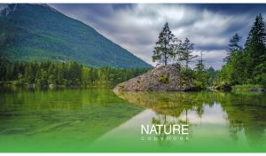 Panoramic scene of trees on a rock island in a green mountain lake
