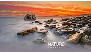 Panoramic scene of rocky shore shrouded in mist against an orange sunrise sky