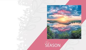 Sunset clouds reflected in a river on a grey backdrop with a pink oblique panel