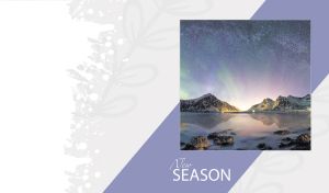 Northern Lights in the Arctic sky on a grey backdrop with a navy oblique panel