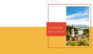 Elevated view of a church on the shore of Lake Thun on ocher and white backdrop