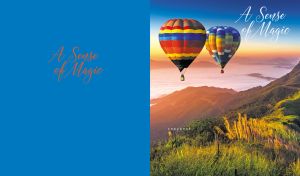 Hot air balloons floating over a magical sunset landscape on blue