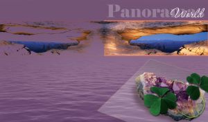 Panorama view of a canyon and clover on a piece of quartz in a frame on a purple background