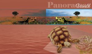 Panorama view of flower field and a turtle on a frame with water flower on ocher background