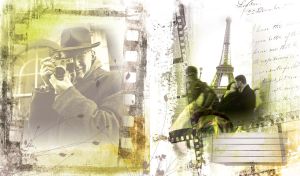 Vintage photo a kiss in front of the Eiffel Tower in the shade of a film frame