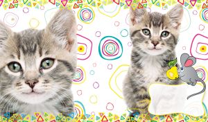 Striped gray good natured kitten with a cartoon gray mouse on triangle pattern