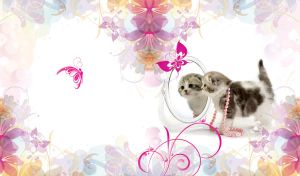 Kitten with pearls looks in the mirror on a white backdrop with pastel flowers