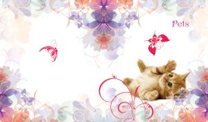 Ginger kitten plays with a red butterfly on a white backdrop with pastel flowers