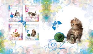 Fluffy kitten plays with a woolen ball on a white backdrop with pastel flowers