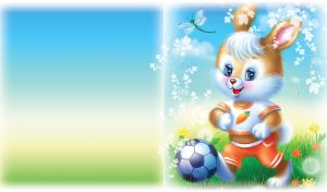 Cheerful cartoon bunny in an orange uniform plays football on the green grass