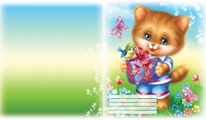 Cheerful cartoon ginger cat in a blue suit holds a gift on green grass