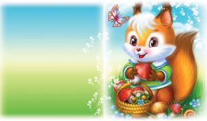 Cheerful cartoon squirrel in green shirt collects mushrooms in a basket